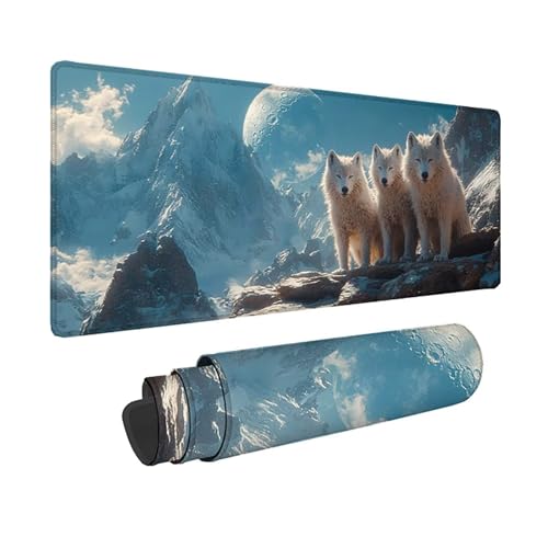 Tapis de souris XXL 150x80cm blanc avec motif loup pour bureau PC gamer