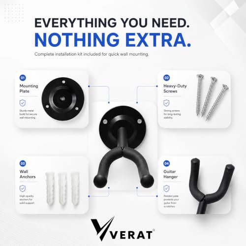 Image of VERAT 2 Pcs Guitar Wall Mount Hanger Hook, Wall Mounted Guitar Holder Stand with Soft Foam Padding, Heavy Duty Metal Guitar Rack for Acoustic, Electric, Bass Guitar, Ukulele, Banjo & Mandolin, Black