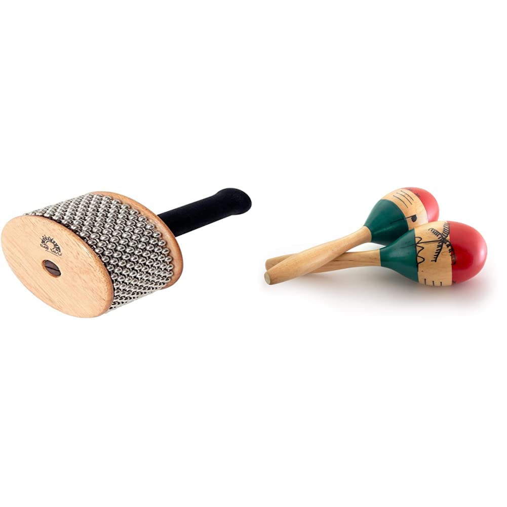 Club Salsa F835255 Cabasa, 18 cm x 11 cm & World Rhythm MAR56-NT Naturholz Maracas, handbemalt - Full Size Paar