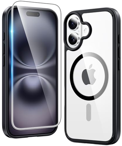 Image of FNTCASE for iPhone 16 Plus Case: Clear Magnetic Phone Cases with Screen Protector Compatible with Magsafe Slim Anti Yellowing Rugged Shockproof Protective Transparent Cell Phone Cover (B-Black)