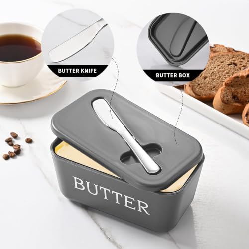 Image of Kyraton Large Plastic Butter Dish with Lid and Knife, Food Grade PP Butter Holder Keeper with Cover for Kitchen Refrigerator Butter Container (Grey)