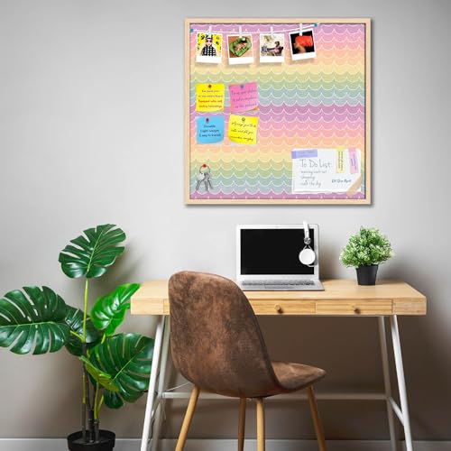 Image of ArtzFolio Wavey | Bulletin Board Notice Pin Board | Vision Soft Board Combo with Thumb Push Pins & Sticky Notes | Natural Brown Frame | 28 x 28 inch (71 x 71 cms)