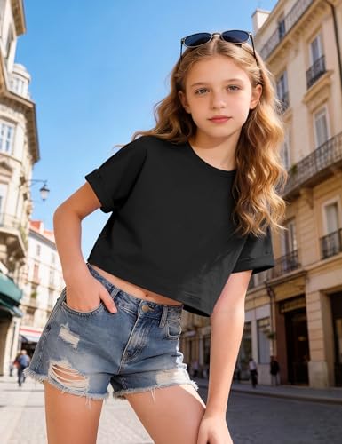 Image of Girls Crop Tops Short Sleeve T-Shirts for Girl Crew-Neck Basic Tee Size 7-14 Years