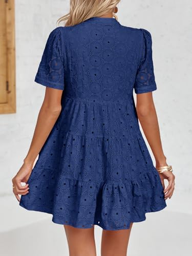 Image of Imily Bela Womens Summer Lace Dresses Eyelet Casual Flowy Babydoll Swing Short Sleeve V Neck Tunic Dress