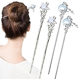 4PCS Star Moon Hair Sticks for Buns Long Hair Chinese Hanfu Asian Vintage Hair Chopsticks Metal Silver Hair Bun Updo Holders Long Hairpins for Women Girls