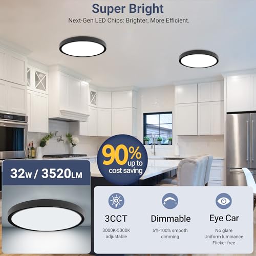 Image of 6 Pack 15.8Inch 3520LM LED Flush Mount Ceiling Light, 32W 3000K /4000K /5000K 3CCT Seletable, Round LED Ceiling Light for Bedroom Living Room Kitchen Hallway Office,Black