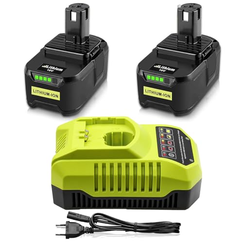 Powayup 2 X 18V 5Ah Remplacement pour Ryobi Batterie 18V P108 + 3A pour Ryobi Chargeur 9.6V-18V BCL14151H RB18L50 RB18L40 RB18L25 P108 P107 P122 P104 P105 P102...