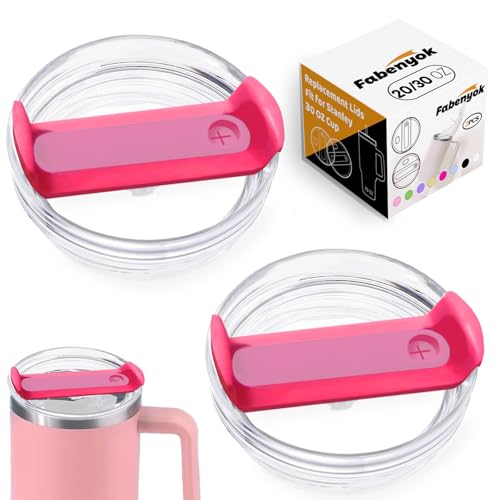 Fabenyok 20 OZ 30 OZ Tumbler Lid Replacement Fit for Stanley Cup, 2 Pack Replacement Lids Fit for Stanley Quencher H2.0, Spill Proof Tumbler Top Covers for Stanley Cup Accessories(Clear - Hot Pink)