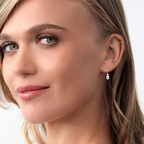 Gem Stone King 18K Yellow Gold Plated Silver Gemstone Birthstone and White Created sapphire Drop Leverback Earrings for Women | Oval 6X4MM and Round 2MM | 3/4 Inch2