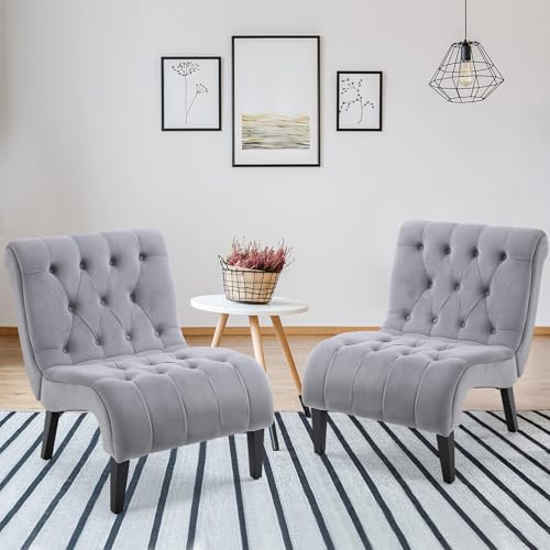 AVAWING Armless Accent Chair Set of 2, Upholstered Button Tufted Living Room Chairs with Wood Legs, Comfy Frosted Velvet Lounge Chair Reading Chair for Bedroom, Grey