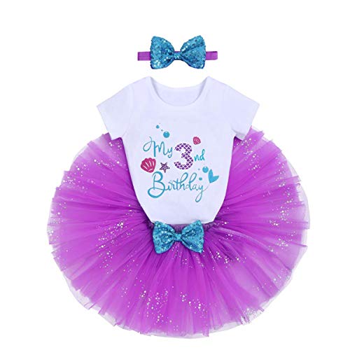 Mermaid 3Rd Birthday Outfit Baby Girl It’s My First Second Third Birthday Cake Smash Photo Shoot T-Shirt Tops Little Mini Tutu Skirt Headband I’m Three Summer Nautical Ocean Themed Party Supply Purple #TOP13