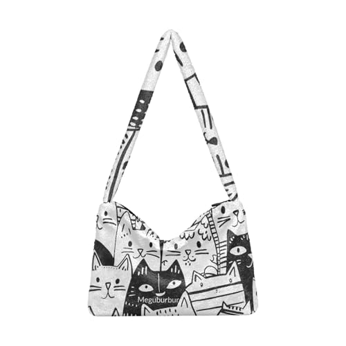 Fluffy Furry Tote Bag Fuzzy Cute Plush Underarm Bag Women Ladies Shoulder Handbag Purse for Autumn and Winter black cats