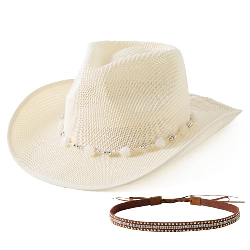 Jastore Kids Girls Western Cowboy Hat Toddler Straw Sun Hat with Two Decorative Bands (US Age 5 Years 10 Years Ivory White)