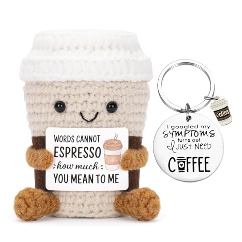Tasse à Café au Crochet Positive, Porte Clé, Poupée en Laine à Tricoter avec Carte, Cadeau D'encouragement, Cadeau Rigolo pour Une Amie Famille Couple Femme Homme, Idee Drole Decoration Maison