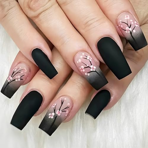 Spring Flower Press on Nails Black Gradient Medium Square False Nails 24 Pcs Glossy Pink Plum Blossom Acrylic Fake Nails Gel Glue on Nails Black French Tips Stick on Nails for Coquette Women Girls