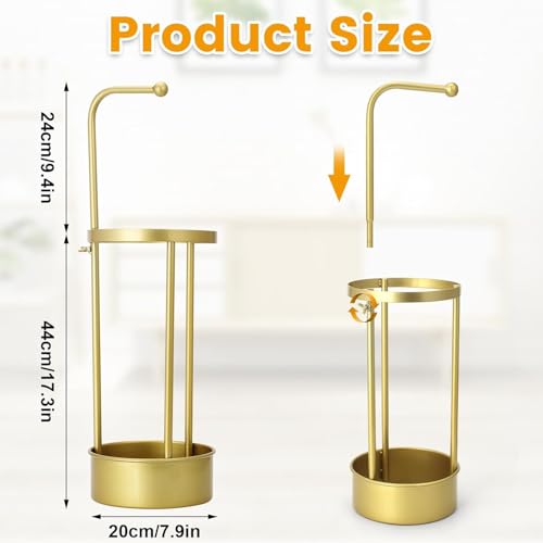 Image of Metal Umbrella Stand with Drip Tray, Gold, Round, Removable Hook, 68cm Height, 20cm Diameter