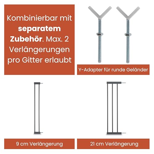 hauck Open N Stop 2, Dunkelgrau - Kinderschutzgitter Hundegitter, Verstellbare Breite 75-80 cm, 77 cm Hoch, Beidseitige Einhand Öffnung, ohne Bohren, für Innen