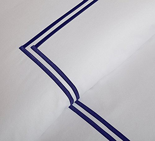 BedDecor 400 Thread Count Egyptian Cotton Duvet Cover Set, Soft Breathable Bedding with 2-Stripe Embroidery, Zipper Closure & Corner Ties, Twin/Twin XL, White/Navy by BedDecor - Used condition - Image 5