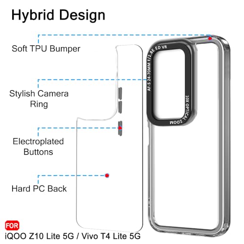Image of TheGiftKart Hybrid Shockproof Back Cover Case for iQOO Z10 Lite 5G / Vivo T4 Lite 5G | Stylish Camera Border | Electroplated Buttons | Crystal Clear Hard Back Cover Case (TPU & PC, Smoked Bumper)