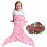 Kids Mermaid Tail Blanket,Glow In The Dark Unicorn Blanket, Soft Flannel Fleece Toddler Mermaid Blanket with Rainbow Ombre Fish Scale Design, Glittering Unicorn and Mermaid Gifts for Girls - 17' x 39'