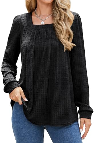 Enmain - Blusas de manga larga para mujer, túnicas casuales con cuello cuadrado, blusas de doble capa, camisa de túnica, Negro, L