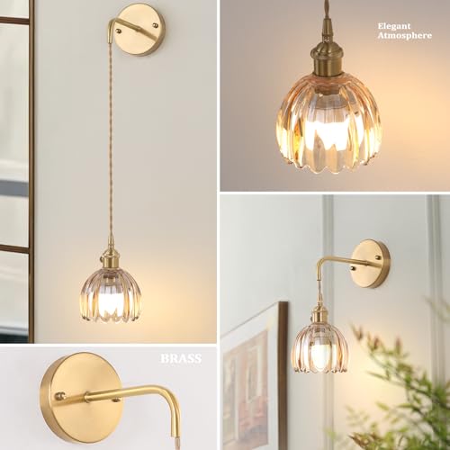 Image of Shenmoyl Battery Operated Wall Sconce with Amber Tulip Shade Pattern Glass Adjustable Chain Retro Gold Wall Mounted Light, Modern Wall Decor for Bedside Bedroom Indoor Doorway， Set of 2
