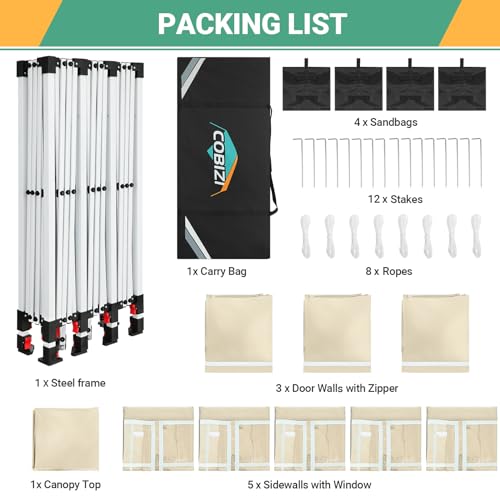 Image of COBIZI 10x30 Canopy Party Tent with 8 Walls 10x30 Pop Up Tent for Parties Waterproof UPF 50+ Outdoor Commercial Event Tent for Party Backyard Gazebo Canopy with Sidewalls & Sandbags(Khaki /10x30ft