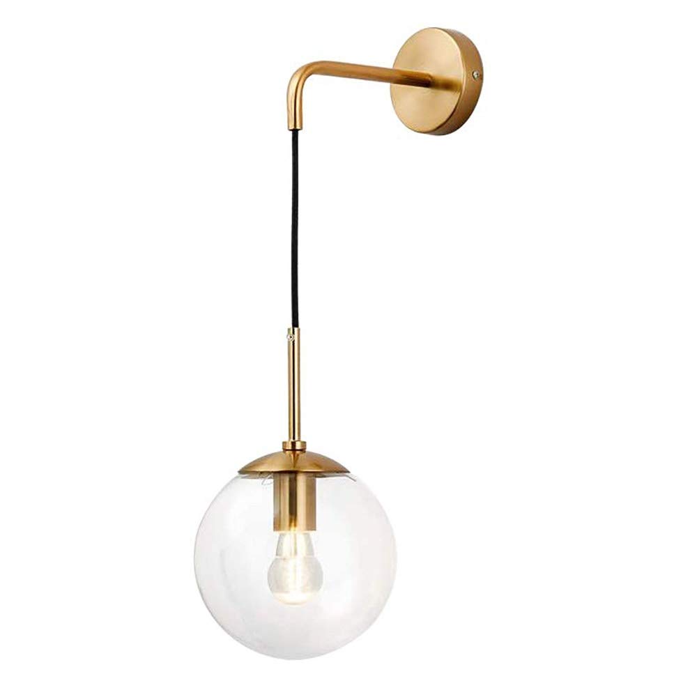 HPTHLY Wall Mounted Light Wall Light 1 Light Vintage Wall Sconce With 5.9" Globe Glass Shade In Satin Brass Colour, Bedroom Bedside Lighting Suitable For Liv(Glass)