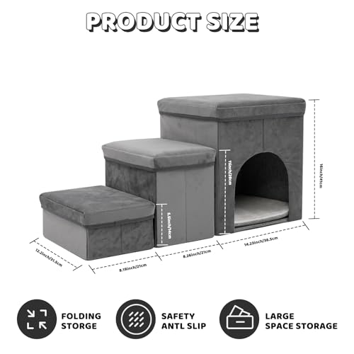 3 Stufen hundetreppe für kleine Hunde hundetreppe mit stauraum für Bett Sofa 40cm hoch katzentreppe für alte Katzen Schwamm haustiertreppe grau blau