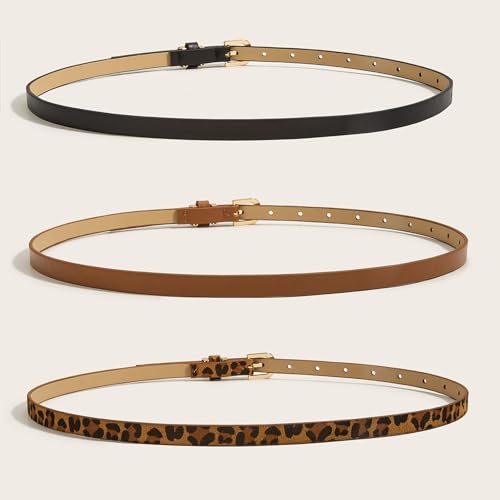 3 Pack Skinny Women Faux Leather Belt for Jeans Ladies Solid Color Thin Waist Belt Leopard Print Belt for Dresses Adjustable with Gold Buckle 0.49" Width3