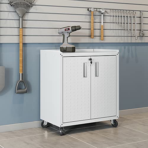 Image of Manhattan Comfort Fortress Rolling Garage Storage Cabinet with 2 Adjustable Shelves, Lockable Metal Tool Compartment, Heavy-Duty Mobile Utility Organizer with Wheels, White