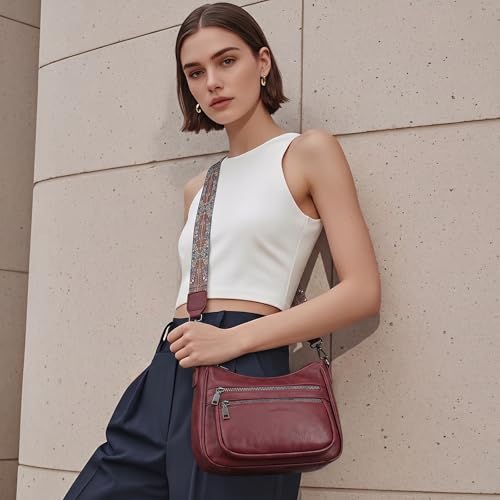 Image of KITEVIUN Crossbody Bags for Women Leather Purse Trendy Multi Pocket Shoulder Handbags with Adjustable Guitar Strap