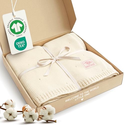 Merle Toys Premium Babydecke Baumwolle 100% Bio - GOTS & Oeko-TEX Zertifizierte Strickdecke Baby Decke Neugeborenen Kuscheldecke Baby Blanket Newborn Cotton Babydecke Bio Baumwolle Perlweiß