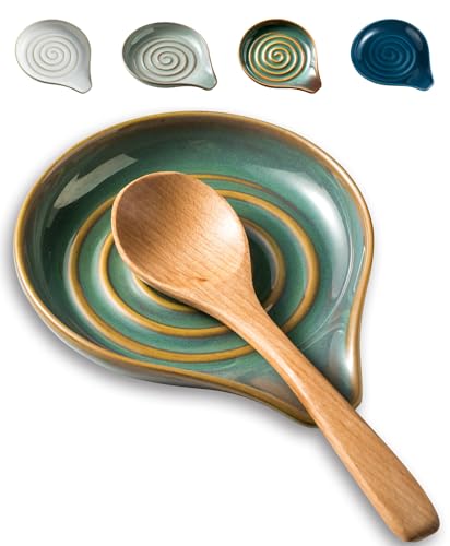 Image of LAUCHUH Spoon Rest for Kitchen Counter,5 inch Spoon Holder for Kitchen Counter Stove Top Ceramic Spatula Holder for Father's Day, Ladle, Spatula, Spoons or Tongs, Unique Green
