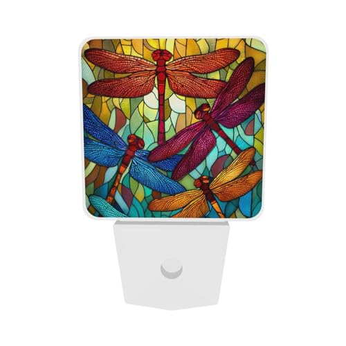 Image of Colorful Dragonfly Night Light Set of 2, Summer Auto Sensor LED Dusk-to-Dawn Nightlights, Plug-in Sensor Lamp for Bedroom Bathroom Kitchen Hallway Stairs Decorative