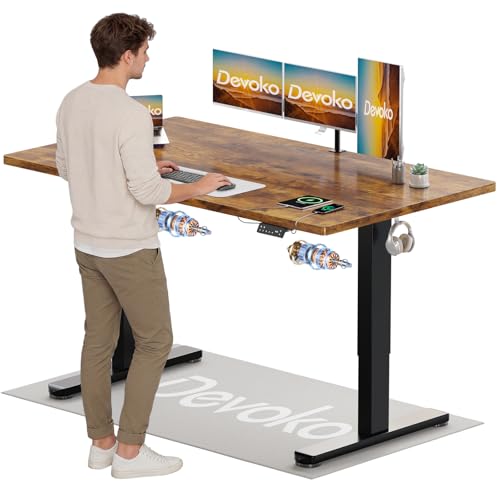 Devoko Höhenverstellbarer Schreibtisch mit 2 Motoren，25mm Einteilige Tischplatte, 160x80 cm Elektrisch Computertisch mit Kabel Management, Vintagebraun - Perfekte Ergonomie für Dein Büro