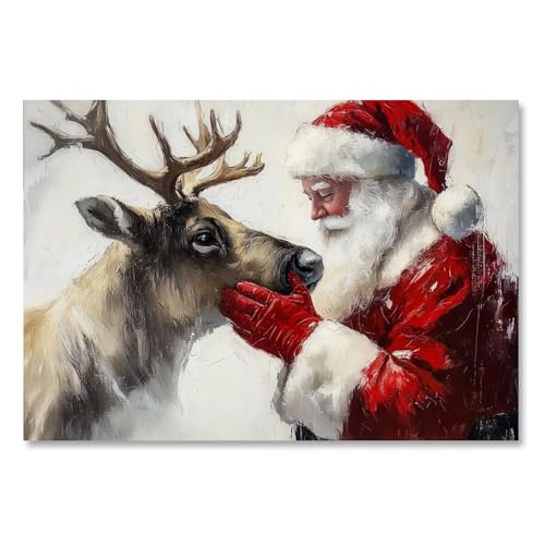Santa Claus with Reindeer Christmas Wall Art Vintage Elk Deer Canvas Oil Painting Poster Warm Xmas Santa Picture Print Winter Holiday Home Rustic Decor Festive Gift 16x24inch Unframed