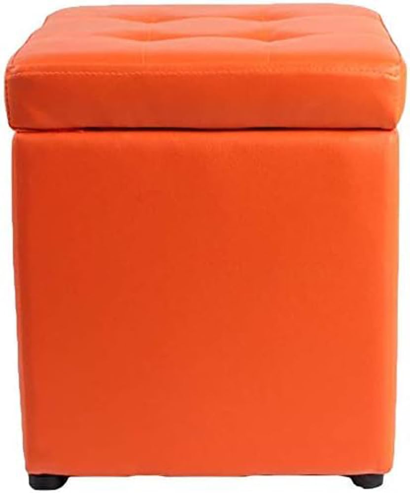 Square Ottoman Storage 12x12x14inch Small Cube Foot Rest Stool with Hinged Lid,Faux Leather Padded Seat Waterproof Toy Box for Living Room Bedroom (Orange)