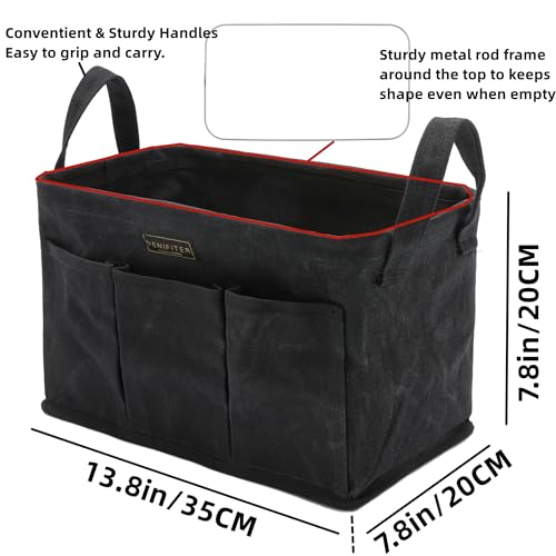 Denifiter Storage Tool Case, 13.8 x 7.8 x 7.8 Inches, Collapsible Waxed Canvas Tool Bag with Handles for Tools (Black) - Image 2