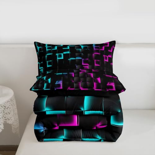 Image of Erosebridal Geometric Checkered Comforter Set Full Neon Teal Purple Bedding Set for Kids Boys Teen Men Gamer Room Decor,Abstract Ombre Plaid Comforter Grids Quilt Duvet Black