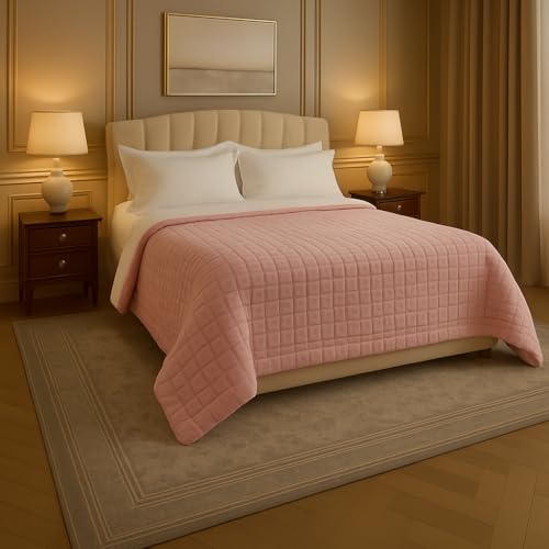 Image of Signature 3-Ply Faux Rabbit Fur Blanket King Size | Ultra Soft Heavy Weight Quilt-Feel Blanket | 6kg Luxury Winter Comforter for Bed Ideal for Heavy Winters (Pink Bricks)