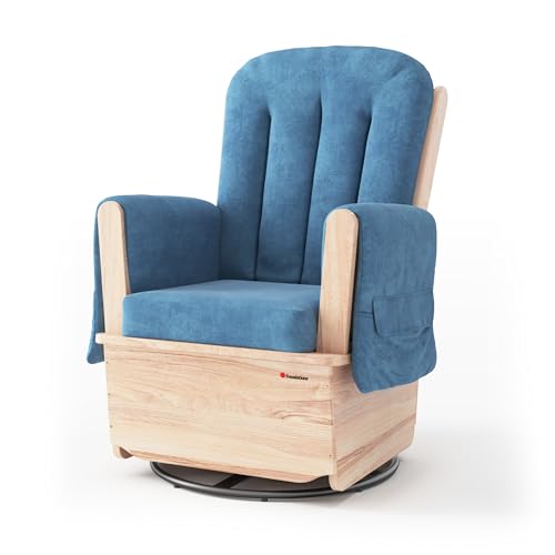 Image of Foundations SafeRocker Glider Rocker with Steel Swivel - Baby Feeding and Rocking Chair for Nursery, Daycare Environment - Nursery Rocking Chairs with Wood Skirt Base - Blue Microfiber