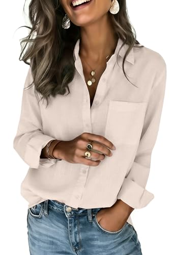 Zeagoo Cotton Gauze Shirts for Women Beige Linen Blouse Summer