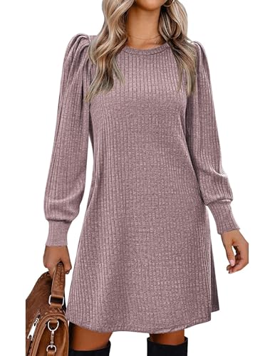 Zeagoo Women's Knit Dress with Puff Sleeves for Fall & Winter - Round Neck Casual Tunic Dress