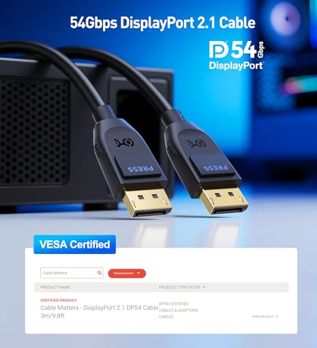 Cable Matters VESA Certified 54Gbps DisplayPort 2.1 Cable 3m, DP54 Cable with, 8K 165Hz, 4K 500Hz in Black with FreeSync, G-SYNC and HDR for Gaming Monitor, PC, RTX 4080/4090, RX 7900