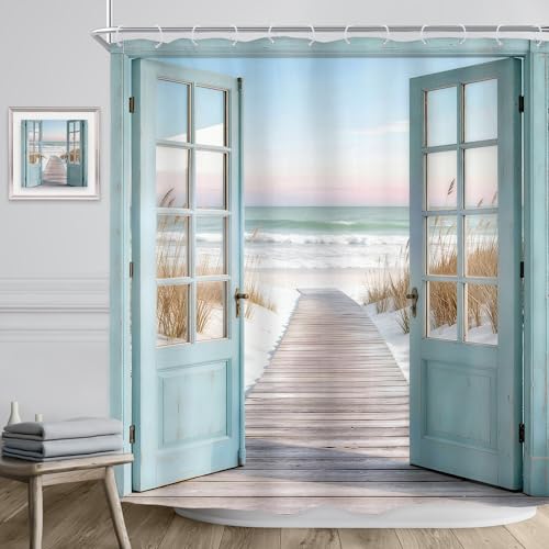 Image of Riyidecor Summer Beach Ocean Shower Curtain 72Wx72H Inch Coastal Blue Sea Teal Barn Door Rustic Seaside Hawaiian Scenery Country Path Bathroom Decor Fabric Polyester Waterproof 12 Pack Hooks