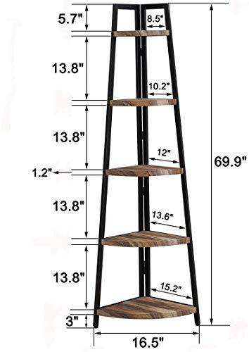 O&K Furniture 5 Shelf Industrial Corner Bookcase And Shelf, A-Shaped Display Corner Storage Rack Bookshelf-70-Inch, Vintage Brown #TOP4