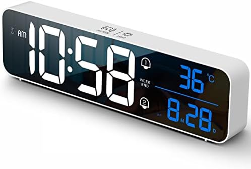 Digital Clock, Digital Clock Large Display, LED Digital Alarm Clock for Living Room, Rechargeable, Sound-Activated, Snooze, Date &Temp Display Digital Wall Clocks, for Bedroom Kitchen Office, White