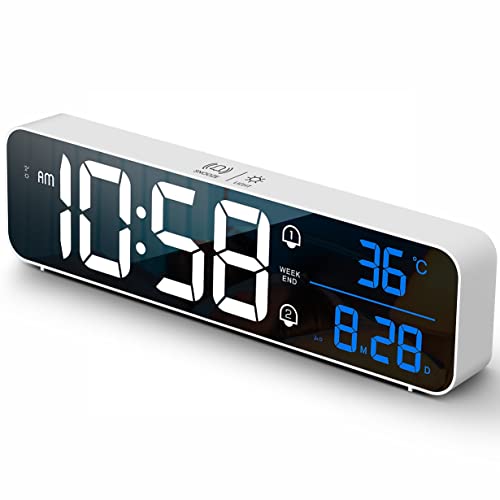 Digital Clock, Digital Clock Large Display, LED Digital Alarm Clock for Living Room, Rechargeable, Sound-Activated, Snooze, Date &Temp Display Digital Wall Clock, for Bedroom Kitchen Office, White