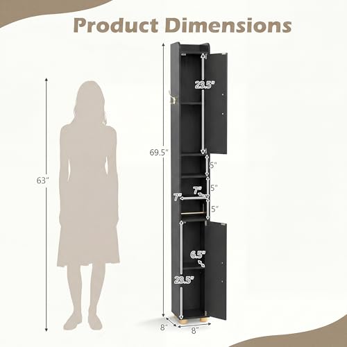 Image of Tangkula Narrow Bathroom Cabinet, 69.5 inch Tall Storage with 2 Doors & Adjustable Shelves, Toilet Paper Rod & Side Hook, Anti-toppling Design, Slim Floor Cabinet for Small Spaces (Black, 1 Pack)